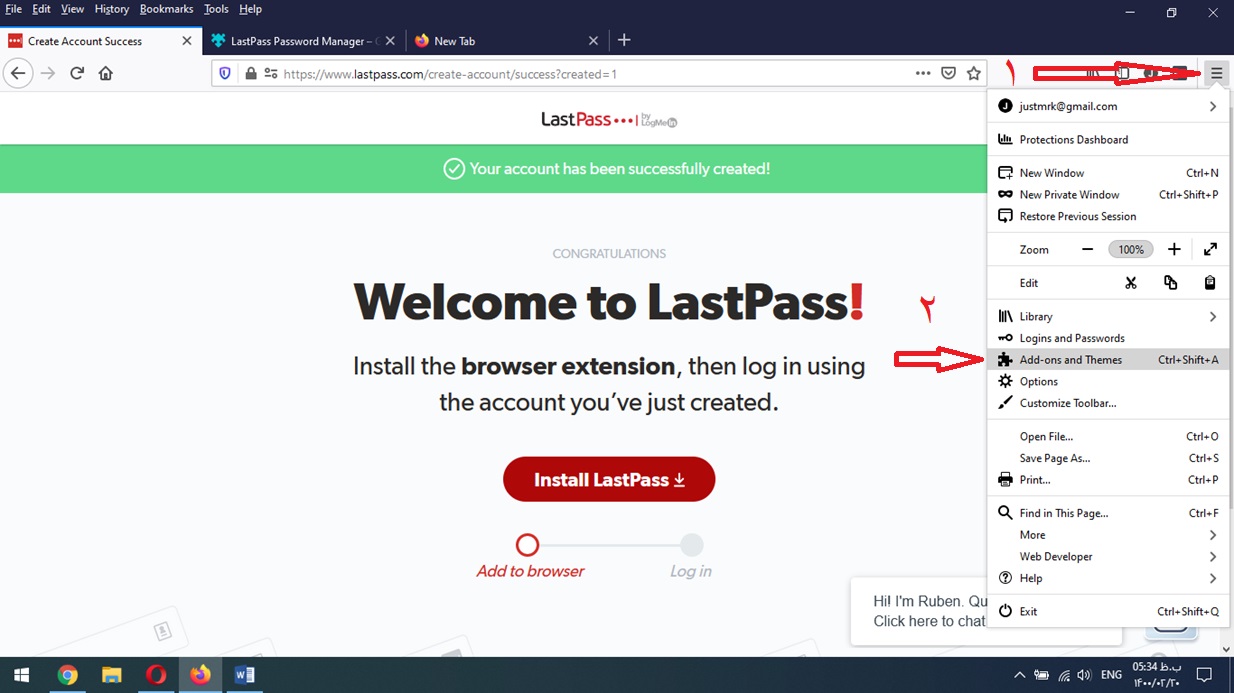 پیام موفقیت آمیز بودن نصب افزونه Lastpass